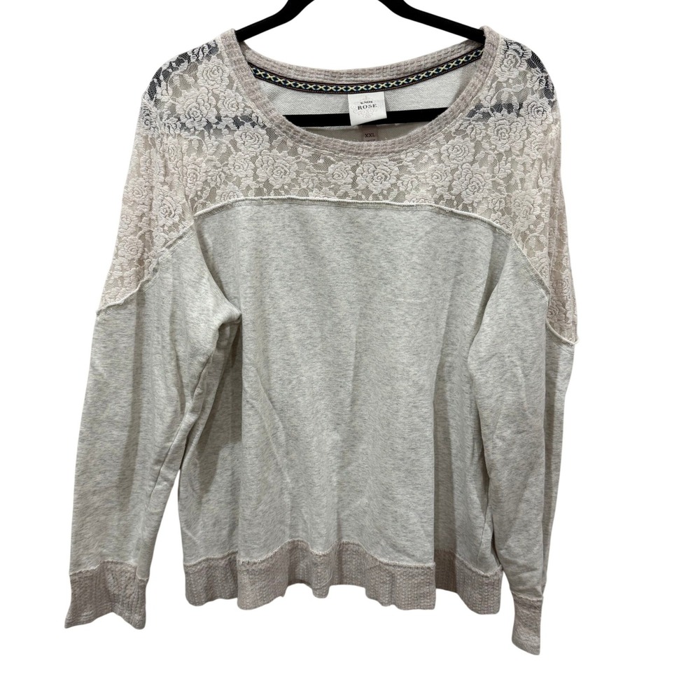 Knox Rose Women XXL Heather Grey Lace Yoke Long Sleeve Pullover Top Relaxed Fit